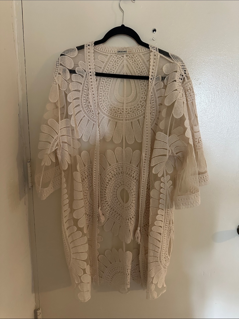 Origami by Vivien White Lace Sheer Embroidered Floral Open Kimono 3/4 One Size